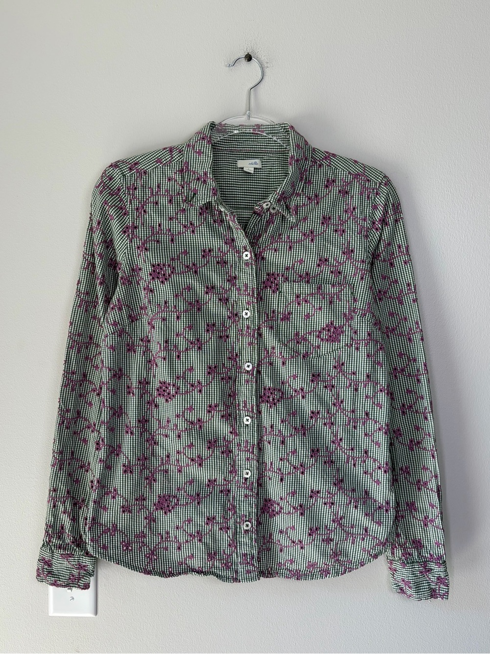 Odille Green Gingham Purple Embroidered Button Down Shirt Top